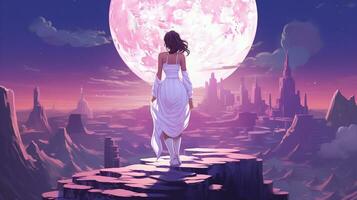 AI generated A girl in a white dress stands on the background of a remote evening city in anime style. Top view photo