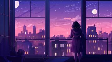 AI generated A girl in a white dress stands on the background of a remote evening city in anime style. Top view photo