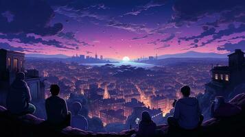 AI generated A girl in a white dress stands on the background of a remote evening city in anime style. Top view photo