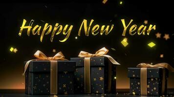 AI generated Happy new years greetings with golden text on Black  and gold gift boxes on black background. Banner Generetive AI video