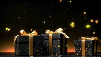 AI generated Black and gold gift boxes on black background with highlights. Banner Generetive AI video