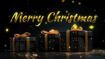 ai généré joyeux Noël salutations avec d'or texte sur noir et or cadeau des boites sur noir Contexte. bannière généreux ai video