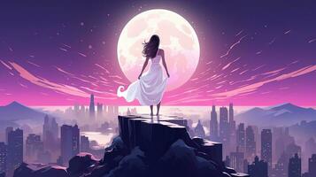 AI generated A girl in a white dress stands on the background of a remote evening city in anime style. Top view photo