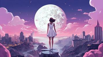 AI generated A girl in a white dress stands on the background of a remote evening city in anime style. Top view photo