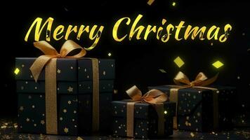 ai généré joyeux Noël salutations avec d'or texte sur noir et or cadeau des boites sur noir Contexte. bannière généreux ai video
