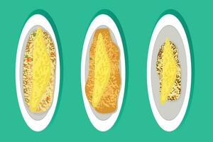 Vector flat illustration of Japanese food, fried rice with scrambled egg topping, omurice. scrambled eggs, melted eggs.