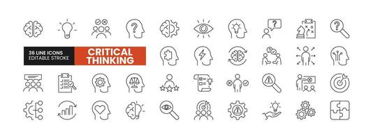 Set of 36 Critical Thinking line icons set. Critical Thinking outline icons with editable stroke collection. Includes Analysis, Problem, Communication, Solution, Brainstorming, and More. vector