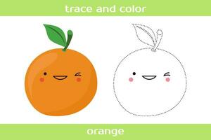 Educational worksheet Trace and color cute kawaii orange. vector