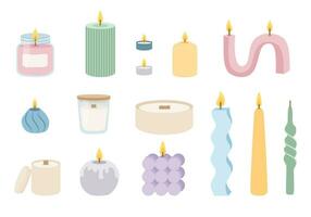 de moda acogedor aroma velas conjunto en pastel colores. vector ilustración en plano dibujos animados estilo.