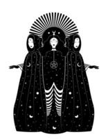 místico triple diosa, sacerdotisas en mágico capa. hermosa hada mujer con celestial largo vestido. gótico bruja wiccan hembra sagrado diseño. vector aislado en blanco antecedentes Arte deco estilo