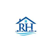 Letter RH, House, River and Stone logo or icon design vector