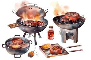 AI generated Watercolor grilled sausages with splashes of paint on a white background. AI generated illustration. photo