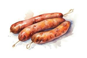 AI generated Watercolor grilled sausages with splashes of paint on a white background. AI generated illustration. photo