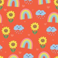 sin costura modelo de linda dibujos animados flores, arcoiris y lluvia nubes linda fondo de pantalla para regalo envase papel, textil, vistoso vector para niños, plano estilo