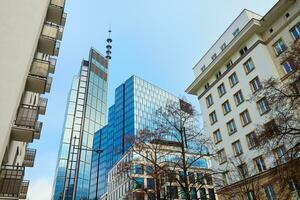 Skyscrapers facade in city. Business center exterior photo