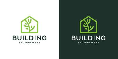 Green house logo design template. Leaf with house building graphic design vector illustration. Symbol, icon, creative.