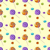 Seamless pattern with lollipops and jelly candies, nuts in multicolored caramel icing. For wrapping paper, packaging, fabric, wallpaper. Vector illustration.