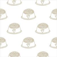 Seamless pattern with bowls with dry pet food. Background with a full bowl of food for a dog, cat, hand drawn in doodle style. For wallpaper, background, wrapping paper, fabric. Vector illustration.