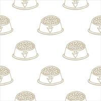 Seamless pattern with bowls with dry pet food. Background with a full bowl of food for a dog, cat, hand drawn in doodle style. For wallpaper, background, wrapping paper, fabric. Vector illustration.