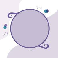 Purple circle shaped frame with copy space for text or photo. Simple template decorated with stars and shapes. Vector illustration