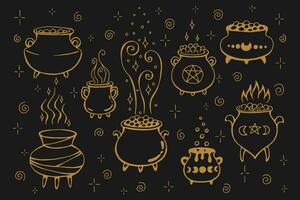 Set of boiling magic cauldron. Hand drawn vector illustration