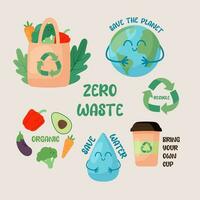 A set of stickers, elements on the theme of ecology conservation. Zero Waste. Refusal of plastic, protection of the planet and ecology. Eco bag, cup, long-term use of things vector