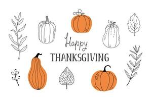 Hand-Drawn Happy Thanksgiving Lettering with Leaves and Pumpkins. Card in doodle style. Vector illustration.