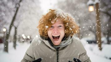 AI generated Close up portrait of a model happily screaming into falling first snow photo