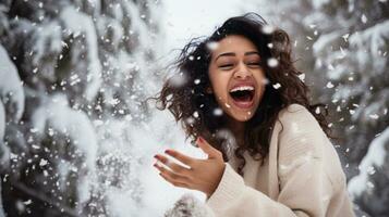 ai generado cerca arriba retrato de un modelo felizmente gritando dentro que cae primero nieve foto