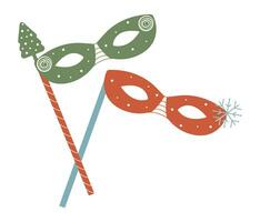 Two groovy winter masquerade masks on sticks, vector illustration for New Year and Christmas