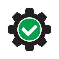 Check mark with gear icon, cog with check icon. vector