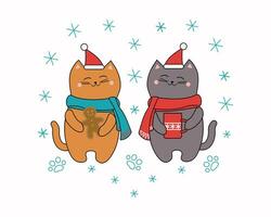 dibujos animados gatos vistiendo un Papa Noel sombrero, un bufanda con un jarra y un pan de jengibre hombre. rojo jarra con un caliente beber. dulce alimento. linda gatito, nieve, copos de nieve. vector