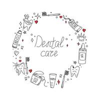 Round border frame. Hand drawn dental vector set. Toothpaste, cartoon tooth, dental floss and toothbrush in doodle style. Line icons. Dental care.