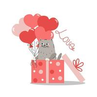 dibujos animados gato en un regalo caja. gatito con en forma de corazon globos inscripción, el palabra amor. tarjeta diseño para boda, cumpleaños, San Valentín día. vector