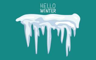 Blue frozen icicles hang from the snowy surface. Inscription Hello winter. vector