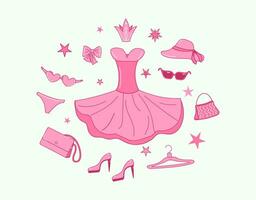 Pink doll accessories and clothes. Pink fashion set. Suit, dress, shoes, hat. vector