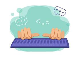 Human hands and computer keyboard. Work, study, communication in messengers. Love, hearts. vector
