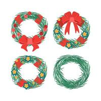Set of Christmas wreath with mistletoe berries and ribbon, bow. Winter holiday elements. vector