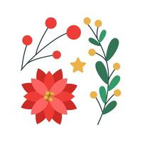 Set of Christmas branch with berries and leaves, red flower. Winter holiday elements. vector