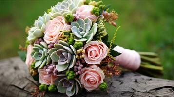 a bouquet of pink and yellow roses sitting on rocks AI Generated photo