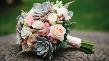a bouquet of pink and yellow roses sitting on rocks AI Generated photo