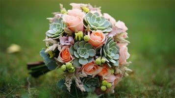 a bouquet of pink and yellow roses sitting on rocks AI Generated photo