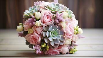 a bouquet of pink and yellow roses sitting on rocks AI Generated photo