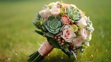 a bouquet of pink and yellow roses sitting on rocks AI Generated photo