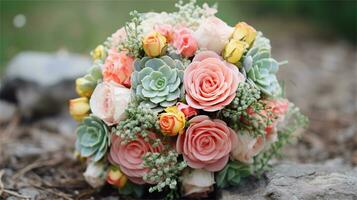 a bouquet of pink and yellow roses sitting on rocks AI Generated photo
