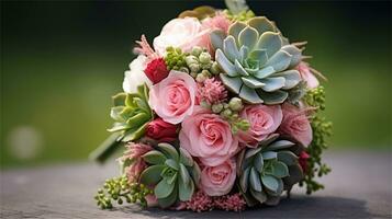 a bouquet of pink and yellow roses sitting on rocks AI Generated photo