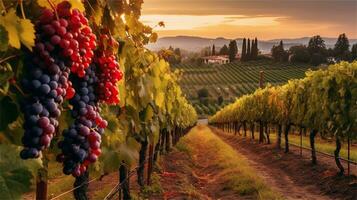 uvas en el viñedo a puesta de sol ai generado foto