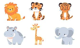 Set of flat vector illustrations. Cute animals of Africa and safari on white background, lion, cheetah, tiger, elephant, giraffe, hippo