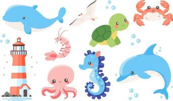 Cute vector nautical set. Children's illustrations on white background. Dolphin whale sea lighthouse octopus seahorse crab shrimp shrimp seagull turtle turtle