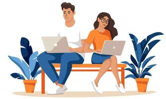 Flat vector illustration. Young people girl and guy working with laptops at home.